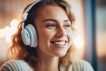 Happy young smiling satisfied woman wearing wireless headphones