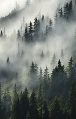 Rolgordijnen zonder boren Mistig bos Generative AI, Misty fir forest beautiful landscape in hipster vintage retro style, foggy mountains and trees.