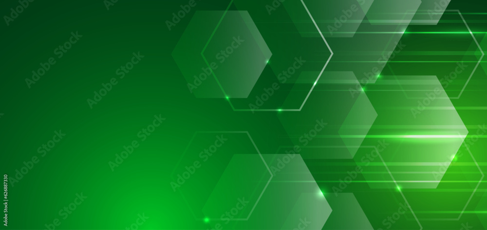 Poster Abstract hexagons on the green background. Hi-tech digital technology and engineering concept. Digital template with polygons for medical and science banners or presentations.