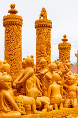 Thai style candle wax carving in candle procession festival, Thailand.