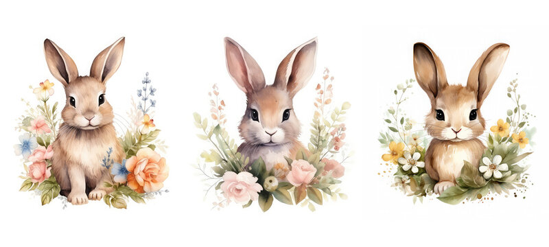 bunny cute hare floral watercolor ai generated