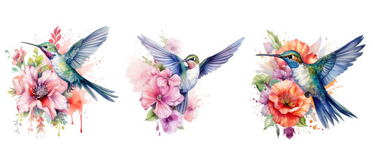 bird cute hummingbird floral watercolor ai generated - obrazy, fototapety, plakaty