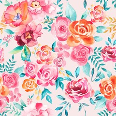 Watercolor flowers pattern, pastel background, seamless, pink and orange tropical elements, green leaves