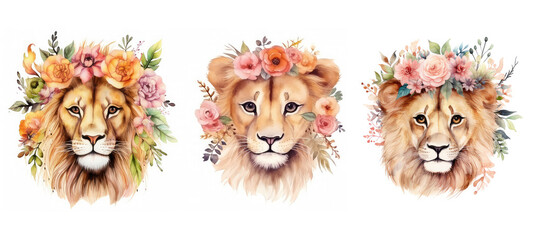 flower cute lion floral watercolor ai generated