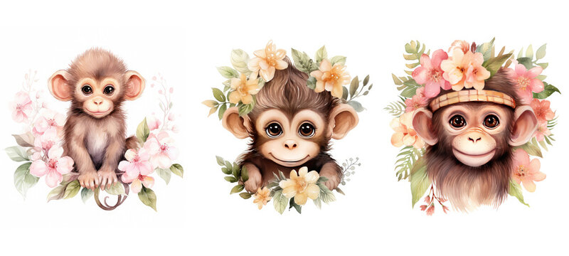 flower cute monkey floral watercolor ai generated