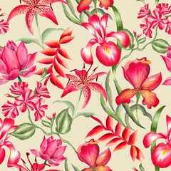 Watercolor flower pattern, tropical elements, off white background, seamless, pink and red flowers