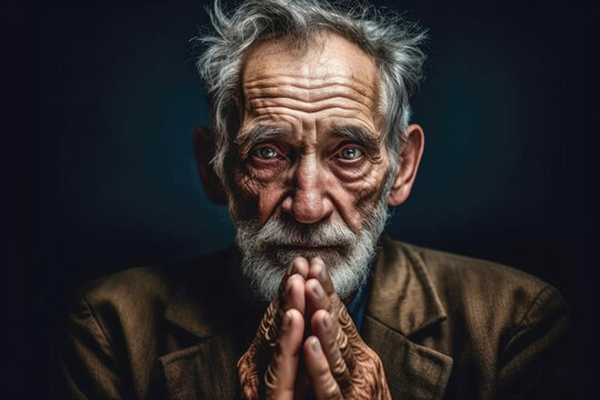 Portrait of old man with sad eyes and praying hands