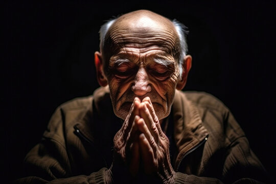 Portrait of old man with closed eyes and praying hands