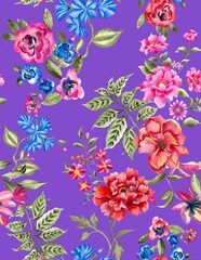 Fototapeta na wymiar Watercolor flowers pattern, purple background, seamless, tropical leaves, romantic