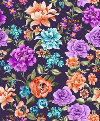 Möbelaufkleber Watercolor flower pattern, purple background, seamless, tropical leaves, romantic © Leticia Back
