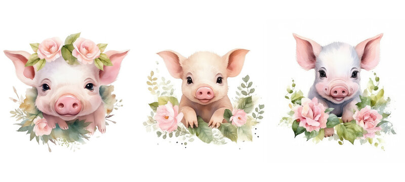 farm cute pig floral watercolor ai generated