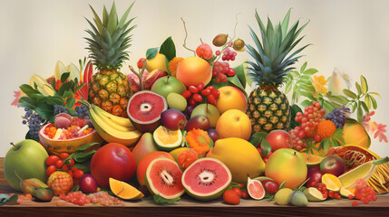 Vibrant colors and natural beauty of assorted fresh tropical fruits 
Generative AI, Generative, AI