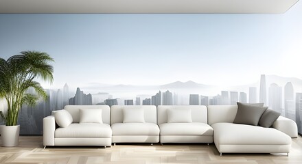 Fototapeta na wymiar Grand canapé blanc avec vue sur la ville