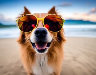 Chien heureux avec lunettes de soleil sur la plage - 626888774