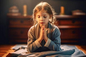 Kid with praying hands - obrazy, fototapety, plakaty