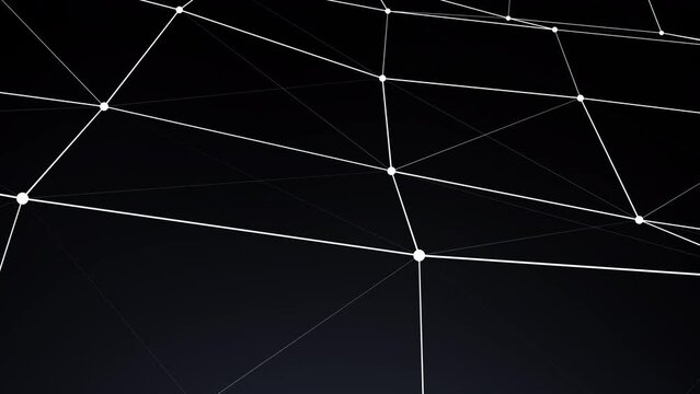 Abstract 3D animated background motion transformation white dots lines in plexus grid on dark background, future innovation digital network, 4K loop slow motion live wallpaper