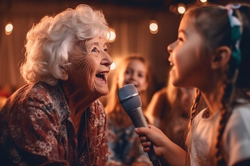 Grandmother and granddaughters sing karaoke - obrazy, fototapety, plakaty