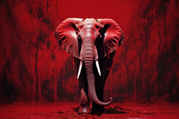 Red elephant with tusks in pool of blood. Ecological problem extermination of rare animals, hunting, poaching concept - obrazy, fototapety, plakaty