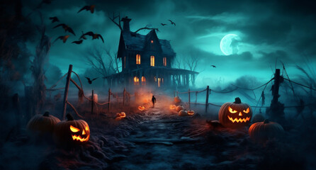 Fototapeta na wymiar horror halloween grave bat night dark pumpkin holiday cemetery moon. Generative AI.
