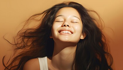 Happy asian Woman Smiling With Eyes Closed