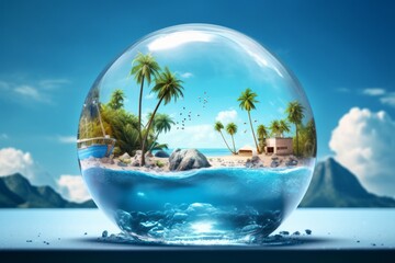 A transparent Ball filled with water, sandy beach, palms tree and green nature. Style of exotic fantasy on summer destination. Creative idea of minimal holiday. Illustration, Generative AI.