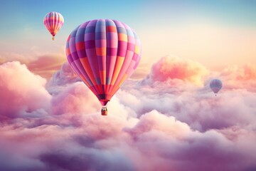 Naklejka premium Spectacular scene with Hot air balloons floating in purple pink pastel clouds. Creative scene with aircraft flying above in the sky. Illustration, Generative Ai.