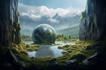 Breathtaking nature scene with transparent ball in beautiful mountain landscape. Symbol of clean ecology, protecting environment, save planet, environmental protection. Earth Day. Generative AI.
