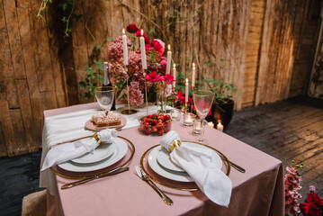 Table setting in restaurant. Location for surprise marriage proposal. Engagement. Decoration...