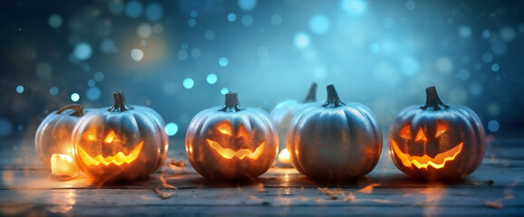 fear pumpkin gothic blue table night evil mystery horror background halloween. Generative AI.