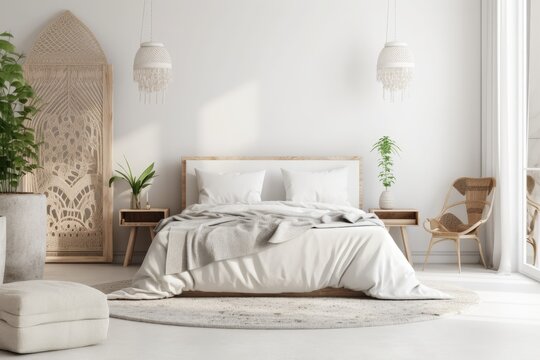 Interior of a white, comfortable, coastal bedroom. Generative AI