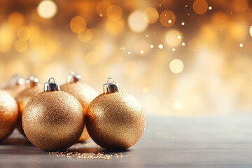 Christmas gold ball on wooden table and glitter gold background. Copy space