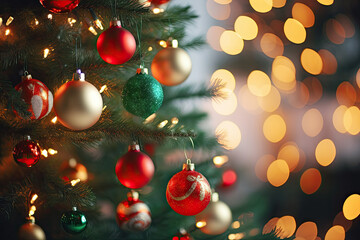 Obraz na płótnie Canvas Red and green christmas ball and christmas tree background. Copy space