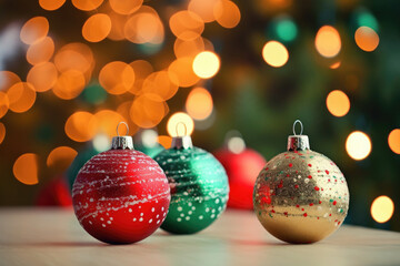 Red and green christmas ball and christmas tree background. Copy space
