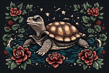 A drawing of an old turtle in poke Old school style tattoo