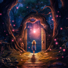 Petite fille aux portes d'un monde enchanté dans la forêt la nuit - Générative IA - obrazy, fototapety, plakaty