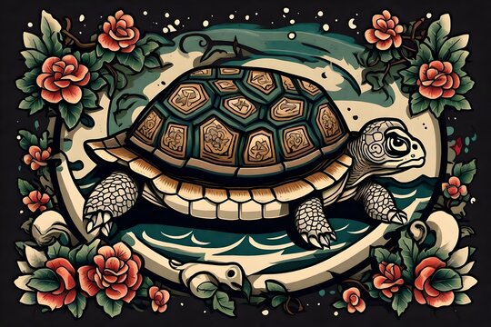 A drawing of an old turtle in poke Old school style tattoo 