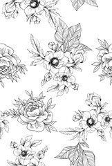 Watercolor flowers pattern, black and white tropical elements, leaves, white background, seamless