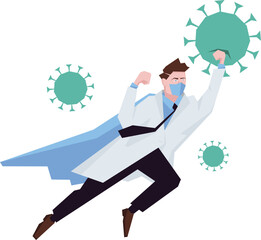 Doctor superhero working in hospital and fighting the coronavirus. Healtcare concept corona virus outbreak pandemic stop. Vector illustration.