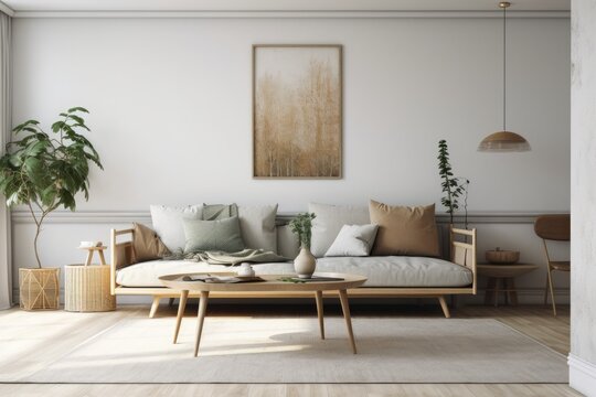 Naklejka large, white living space. Grey sofa and wooden table set, mock up and copy space wall, home design. Generative AI