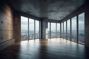 Fototapeta premium Interior of a mysterious, vacant room with three narrow liniar windows providing a city view, concrete walls, and a wooden floor. Generative AI