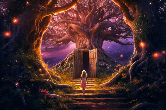 Petite fille aux portes d'un monde enchant&eacute; dans la for&ecirc;t la nuit - G&eacute;n&eacute;rative IA