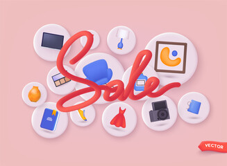 Sale banner. Background with shopping items. Online shopping on application and website concept, digital marketing online. 3D Web Vector Illustration.