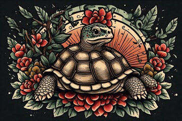 A drawing of an old turtle in poke Old school style tattoo 