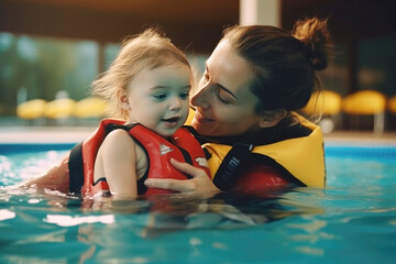 Fototapeta na wymiar Mom teaches baby to swim