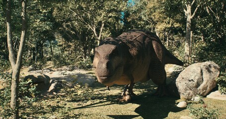 Tyrannosaurus walks through the Jurassic jungle. The Age of Dinosaurs. T-rex hunting. 3D rendering © BY Movie