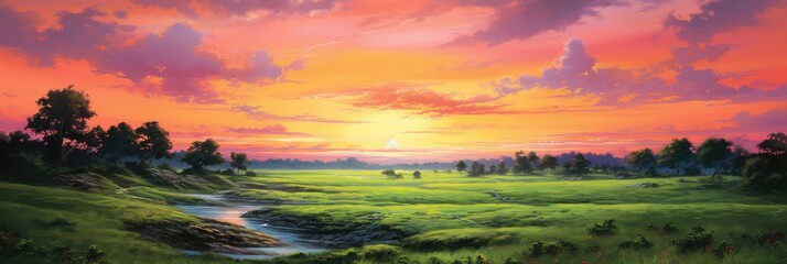 Obraz premium Sunrise over grassy plain photo realistic illustration - Generative AI.
