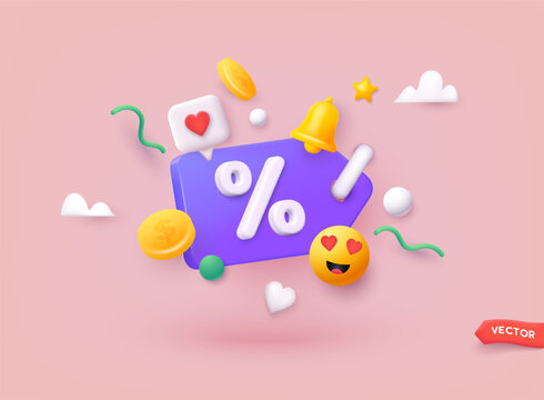 Label with percent, check mark and discount. App icon. 3D Web Vector Illustrations.