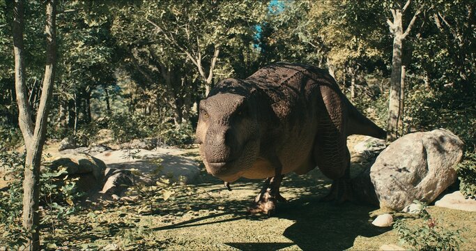 Tyrannosaurus walks through the Jurassic jungle. The Age of Dinosaurs. T-rex hunting. 3D rendering