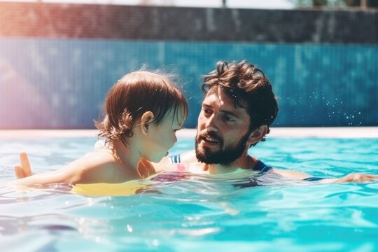 Dad teaches baby to swim
