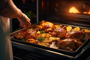 Naklejka premium Roasting chicken in the oven